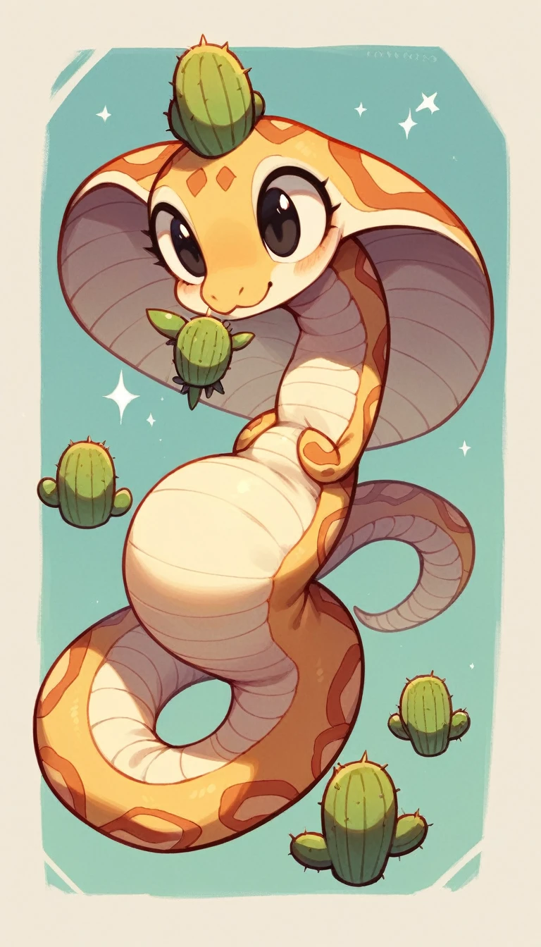 Cute little cactus monster with a belly and legs, a python on its head and totally black eyes