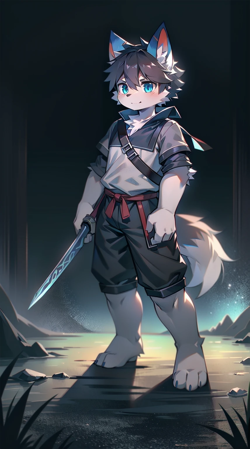 White Wolf，black hair，Sky blue eyes，hairy，Wolf ears，Wolf tail，Full body portrait，The character is in the center of the frame，Handsome，Confident eye***but，juvenile，Black and white combat uniform，Red neck bib，Black shorts，Short sleeve，hairy arms and legs，Dark background，Dark battlefield，dawn，sunrise，dawn，illumination，shadow，Swordsman，Scabbard and Hold the hilt of a in your hand，The scabbard is at the waist，Highest quality