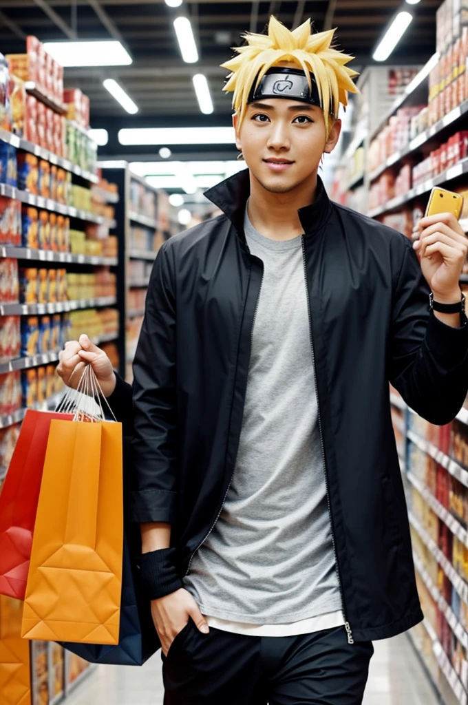 Naruto in his modern clothes while shopping