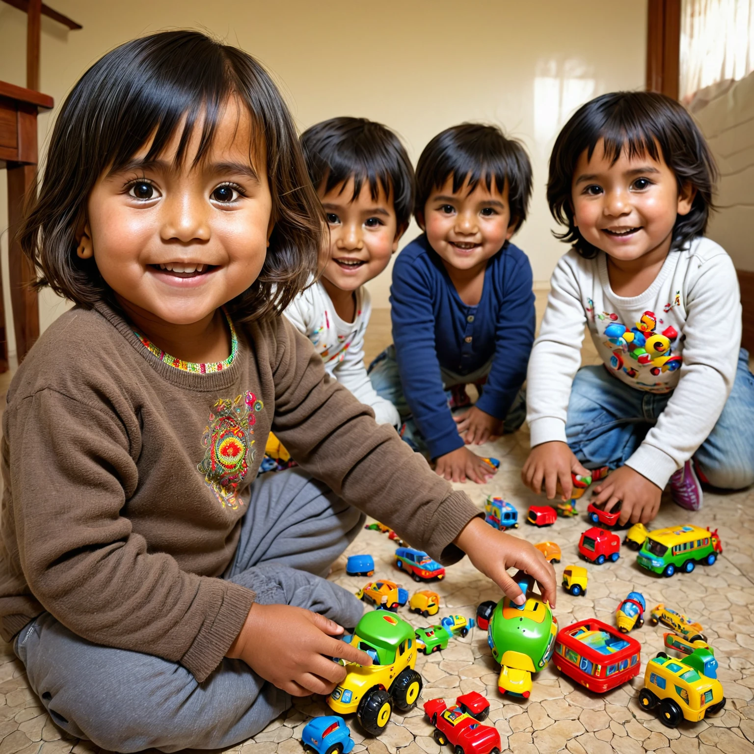 a full body shot, four 5 year old childs, playing with toys, happy face, very expressive gesture in face, ((Peruvian skin)), clean dark hair, a interior of house background, HDR, natural hot lights, diary clothes the intention is show a  obtaining new abilities. (((stock photo style:1.8)))