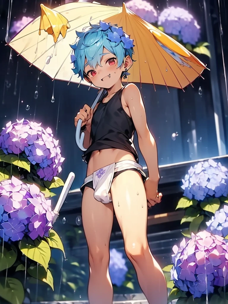 ((solo)), (boldline:-1.6), (holding yellow umbrella:1.8), (arched back:1.3), ((bubble)), (standing:1.5), (((fang))), (((best finger))), BREAK (best quality:1.5), (absolutely resolution:1.5), (ultra detailed:1.5), (masterpiece:1.5), (perfect face), (detailed face), (detailed eyes:1.5), (best eyes:1.5), (cute face), (shota:2), BREAK (black tank top:1.5), BREAK (white loincloth:1.5), (see throgh wet clothes:1.3), (bulge:1.6), (skinny:1.3), BREAK (light blue hair:1.5), (spiked hair), BREAK (wine red eyes:1.4), (eyes with highlight:1.6), ((mole under eye)), (sweaty skin), (chuckling:1.5), ((earrings)), (shiny skin:1.3), BREAK (purple hydrangea:1.5), (road), (rainbow:1.3), (sunlight), (heavy rain:1.5), ((wind blowing)), ((nipple)), (abs), groin, water splashing, from below,