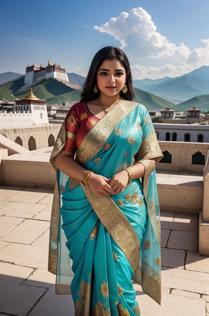 1 Heavenly beautiful and goddess beauty cute and sweet looking face Arabian female in front of Potala Palace, China, Heavenly beautiful Overweight, Heavenly beautiful Extremely fat, Heavenly beautiful and attractive Chubby figure , Heavenly beautiful looking and eye catching luxury style floral saree , reaching out, Heavenly beautiful Arabian woman, 16k, High resolution, masterpiece, highest quality, fine skin, outside view, Realistic Photograph