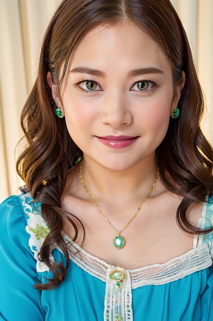 
Ultra-high resolution, Superior Quality, highest quality, Very detailed, Realistic, 8k, RAW Photos, highest quality, masterpiece, Attractive girl, Awesome girl, Brown Hair,Wavy Hair、 Shoulder-length layers, Mesh Hair, Japanese Idols, ear piercing、stylish, blouse,smile、Beautiful teeth alignment. green eyes. Contact lens. Chubby cheek.