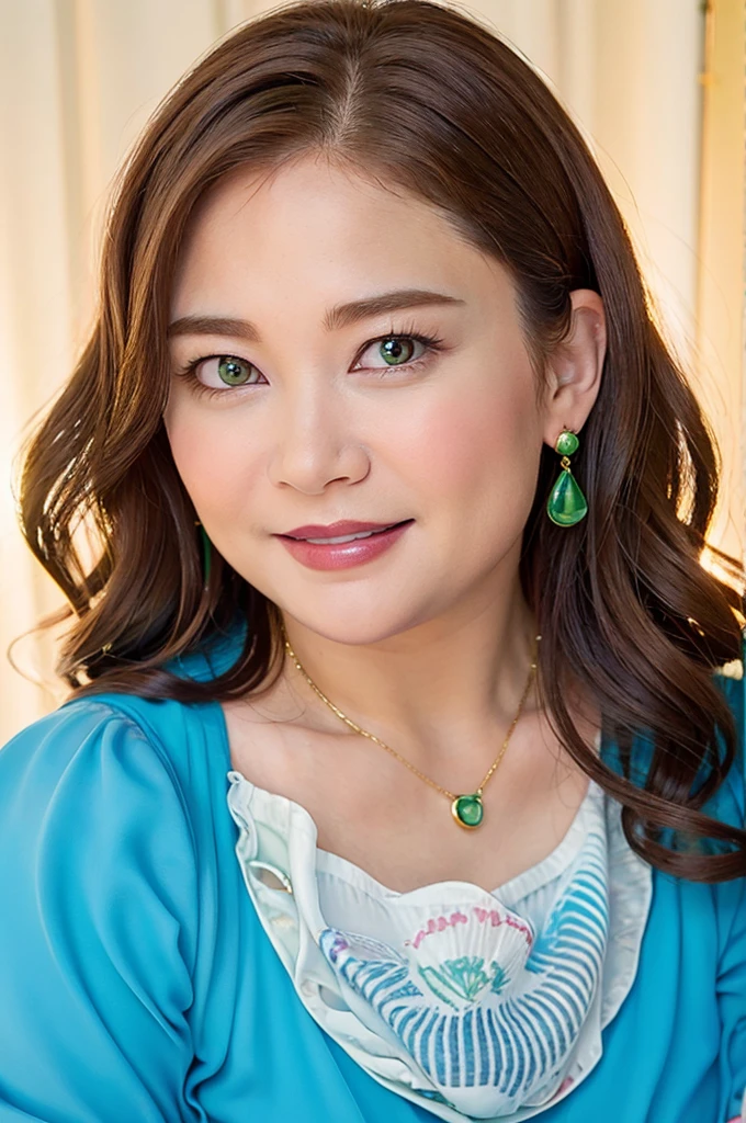 Ultra-high resolution, Superior Quality, highest quality, Very detailed, Realistic, 8k, RAW Photos, highest quality, masterpiece, Attractive girl, Awesome girl, Brown Hair,Wavy Hair、 Shoulder-length layers, Mesh Hair, Japanese Idols, ear piercing、stylish, blouse,smile、Beautiful teeth alignment. green eyes. Contact lens. Chubby cheek.