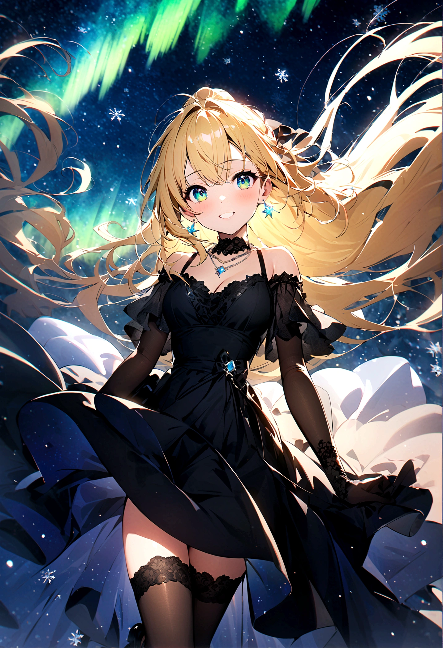 {best quality}, {{masterpiece}}, {highres}, original, extremely detailed 8K wallpaper, 1girl, {an extremely delicate and beautiful},aurora,snowflakes,starry sky,clusters of stars,starry sky,glinting stars,,starry sky ,blonde hair,long hair,half updo,floating hair,cyan_eyes,sweet smile,beautiful_face,beautiful detailed eyes,black skirt dress, flower pattern in dress,black gown,black stocking,High heeled gift shoes,lace-trimmed_gloves,earrings,necklace,