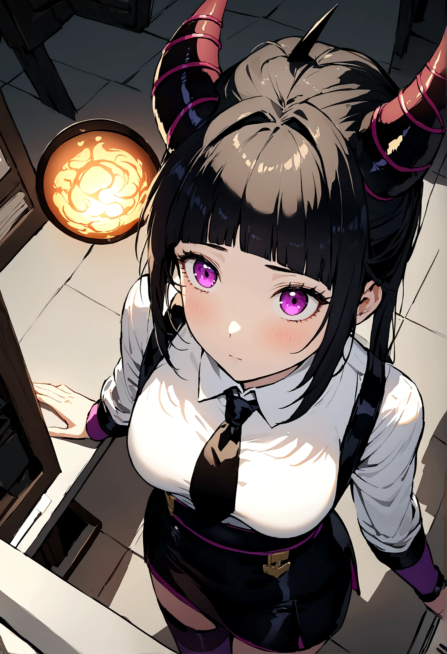 juri han, work of art, tight white secretary shirt with black tie, black high waist skirt, short skirt,stocking, black hair, black tightscary sun,office,bangs on the eyes,lighting,horn of hair,view from above,staring overhead
