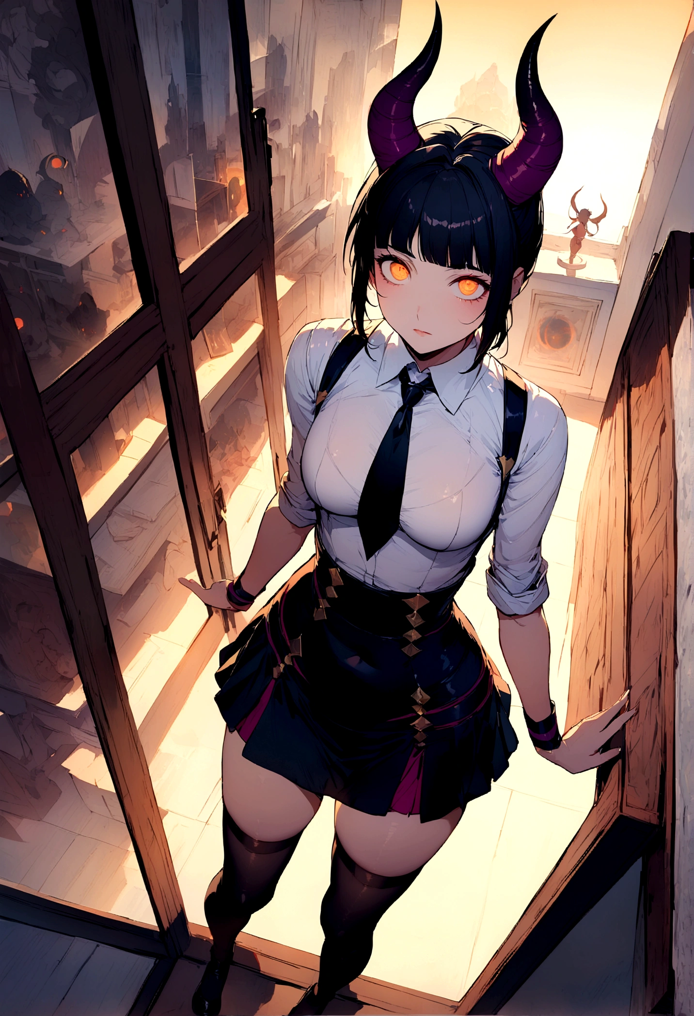 juri han, work of art, tight white secretary shirt with black tie, black high waist skirt, short skirt,stocking, black hair, black tightscary sun,office,bangs on the eyes,lighting,horn of hair,view from above,staring overhead
