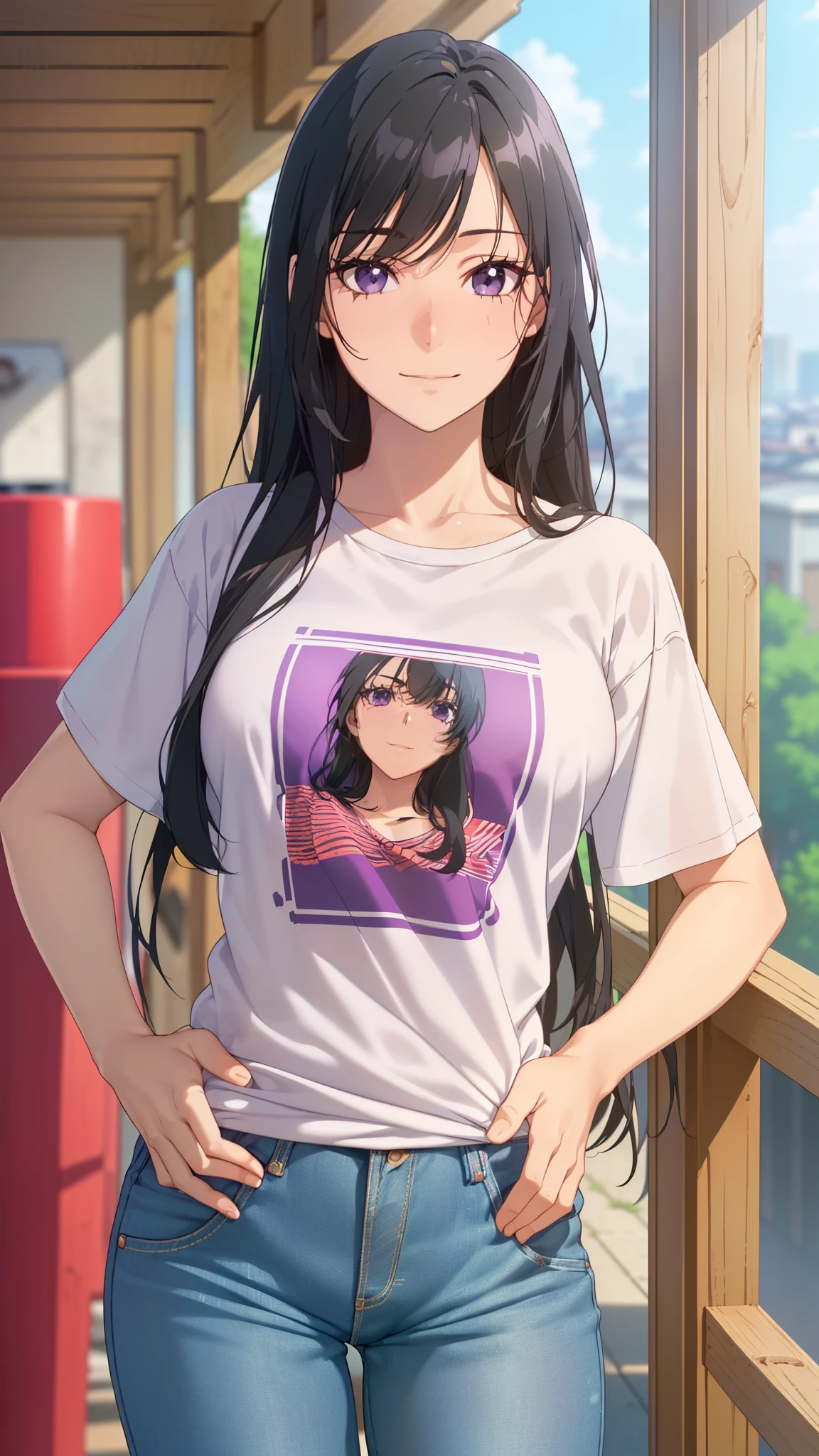 ((masterpiece, highest quality, High resolution, UHD, perfect pixel, Depth of bounds written, 4K, rtx, HDR))), 1 girl, single, alone, beautiful anime girl, beautiful art style, anime character, ((long hair, blunt bangs, black hair)), ((purple eyes:1.4, round eyes, realistic eyes)), ((eyelash, ultra-detailed eyelash, smooth eyelash)), ((smooth texture:0.75, realistic texture:0.65, realistic:1.1, Anime CG style)), medium breasts, dynamic angle, perfect body, ((stand, Hands on hips )), ((T shirt, Long Levis pants)), smile, open your mouth, Room, (()), Natural light, bright sky, sunlight