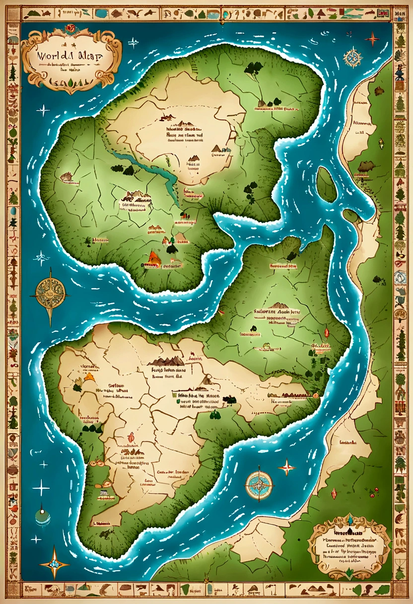 Tokkien world style map of Middle Earth, with continents, countries and islands. Combine different types of terrain such as mountains, slopes, rivers, swamps and deserts
