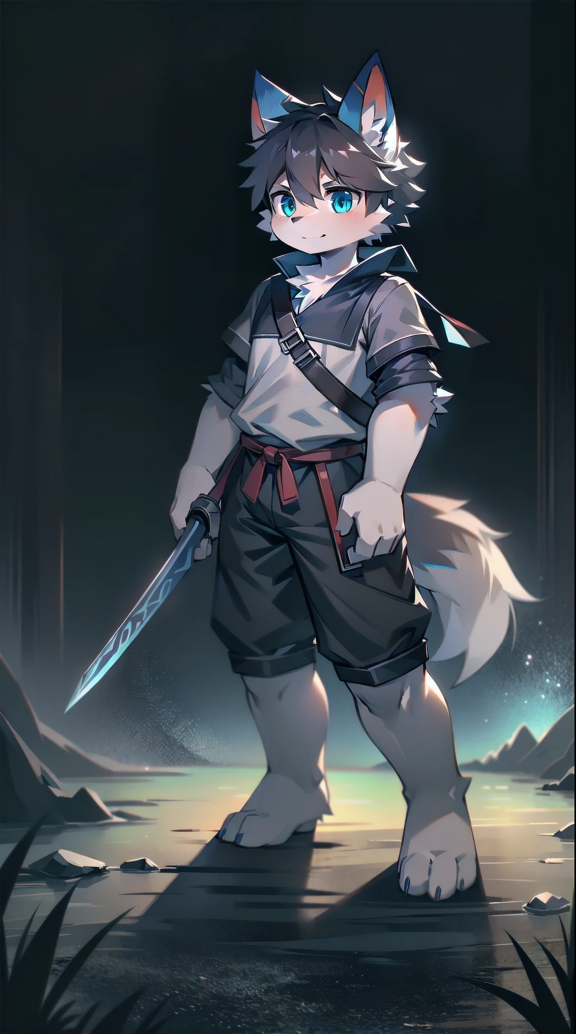 White Wolf,black hair,Sky blue eyes,hairy,Wolf ears,Wolf tail,Full body portrait,The character is in the center of the frame,Handsome,Confident eye***but,juvenile,Black and white combat uniform,Red neck bib,Black shorts,Short sleeve,hairy arms and legs,Dark background,Dark battlefield,dawn,sunrise,dawn,illumination,shadow,Swordsman,Scabbard and Hold the hilt of a in your hand,The scabbard is at the waist,Highest quality