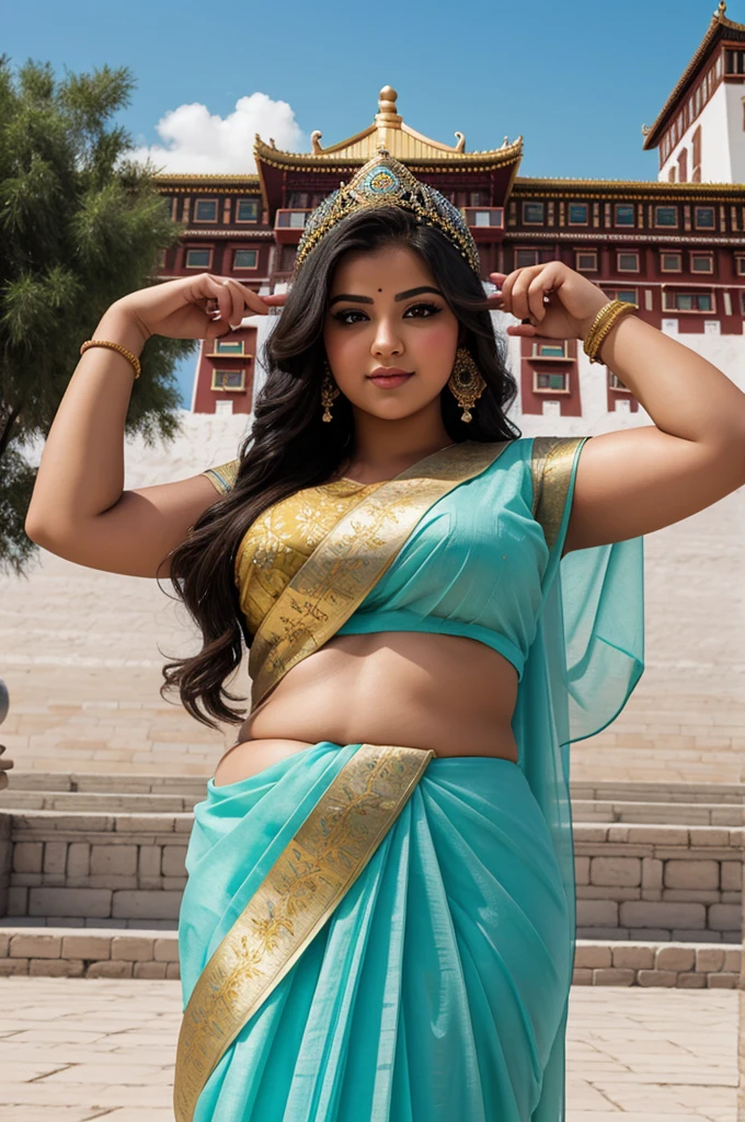 1 Heavenly beautiful and goddess beauty cute and sweet looking face Arabian female in front of Potala Palace, China, Heavenly beautiful Overweight, Heavenly beautiful Extremely fat, Heavenly beautiful and attractive Chubby figure , Heavenly beautiful looking and eye catching luxury style floral saree , reaching out, Heavenly beautiful Arabian woman, 16k, High resolution, masterpiece, highest quality, fine skin, outside view, Realistic Photograph