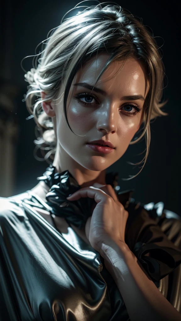 A mature woman in realistic portrait of high quality and detail, 2000's movie style, french girl, dark and mysterious atmosphere, pale skin, glow, eye shadow, 1girl, thriller fantasy, Depth & Perspective, sadness on her face, short silver hair, She has black eyes with red cross-shaped pupils, Mystical powers, french old traditional clothes, fine face, standing on a hill, outside, the royal palace of the 19th century on the background, blue sky, white cloud, looking at viewer, (ultra-high detail:1.2), Masterpiece, Best Quality, Ultra-detailed, Cinematic lighting, 8K, delicate features, cinematic, 35 mm lens, f/1.9, highlight lighting, global lighting –uplight –v 4, cinematic, intense gaze, Cinematic lighting, 8K, high quality, Highest Quality, (Solo Focus), (extremly intricate:1.3), (Realistic), dramatic, masterful, Analog style, (Film grain:1.5), (warm hue, cold tone), a close up of a person surrounded, destruction behind back