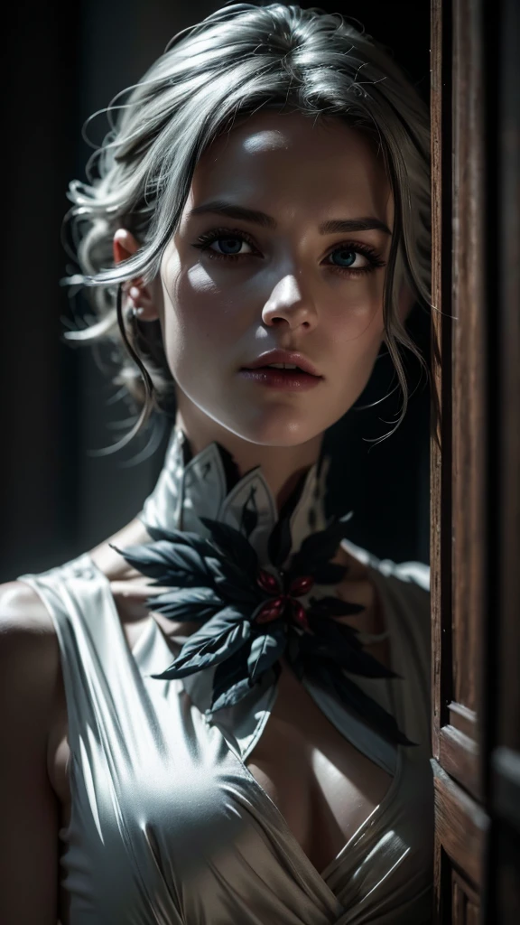 A mature woman in realistic portrait of high quality and detail, 2000's movie style, french girl, dark and mysterious atmosphere, pale skin, glow, eye shadow, 1girl, thriller fantasy, Depth & Perspective, sadness on her face, short silver hair, She has black eyes with red cross-shaped pupils, Mystical powers, french old traditional clothes, fine face, standing on a hill, outside, the royal palace of the 19th century on the background, blue sky, white cloud, looking at viewer, (ultra-high detail:1.2), Masterpiece, Best Quality, Ultra-detailed, Cinematic lighting, 8K, delicate features, cinematic, 35 mm lens, f/1.9, highlight lighting, global lighting –uplight –v 4, cinematic, intense gaze, Cinematic lighting, 8K, high quality, Highest Quality, (Solo Focus), (extremly intricate:1.3), (Realistic), dramatic, masterful, Analog style, (Film grain:1.5), (warm hue, cold tone), a close up of a person surrounded, destruction behind back