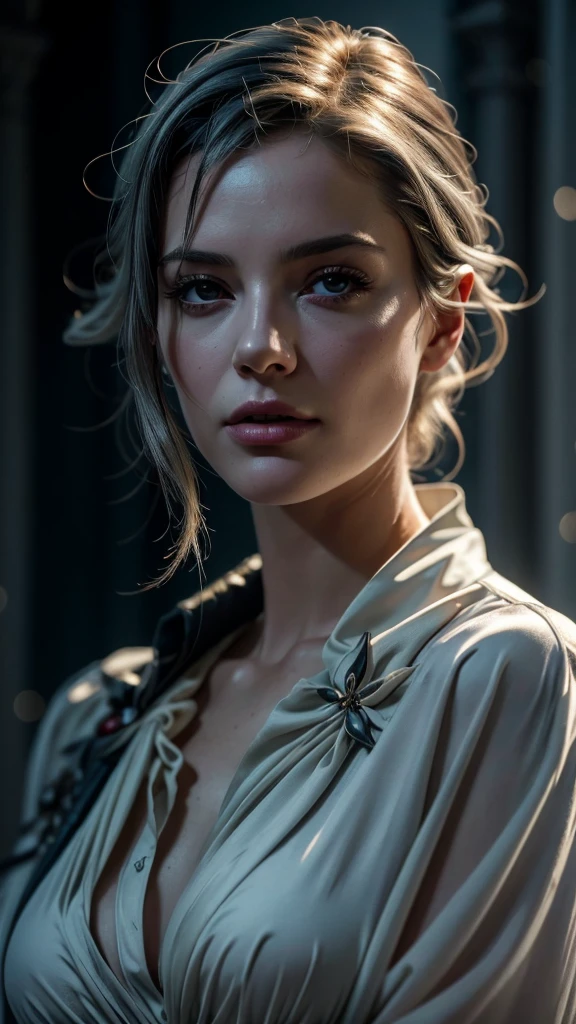 A mature woman in realistic portrait of high quality and detail, 2000's movie style, french girl, dark and mysterious atmosphere, pale skin, glow, eye shadow, 1girl, thriller fantasy, Depth & Perspective, sadness on her face, short silver hair, She has black eyes with red cross-shaped pupils, Mystical powers, french old traditional clothes, fine face, standing on a hill, outside, the royal palace of the 19th century on the background, blue sky, white cloud, looking at viewer, (ultra-high detail:1.2), Masterpiece, Best Quality, Ultra-detailed, Cinematic lighting, 8K, delicate features, cinematic, 35 mm lens, f/1.9, highlight lighting, global lighting –uplight –v 4, cinematic, intense gaze, Cinematic lighting, 8K, high quality, Highest Quality, (Solo Focus), (extremly intricate:1.3), (Realistic), dramatic, masterful, Analog style, (Film grain:1.5), (warm hue, cold tone), a close up of a person surrounded, destruction behind back