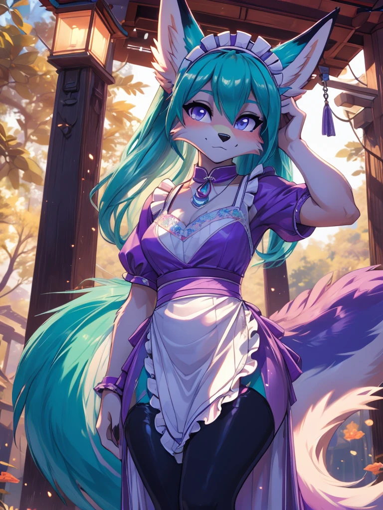 Miku Hatsune x vixen, vista de cuerpo completo  alta definicion, celosa, manos juntas molesta, alta definicion, purple iris, add_detail:1, full body image add_detail:1, shrine maid costume add_detail:1, bioluminicent body in blue add_detail:1, beatifull intense purple irir, add_detail:1 radiant girl add_detail, fluffly long tail add_detail:1