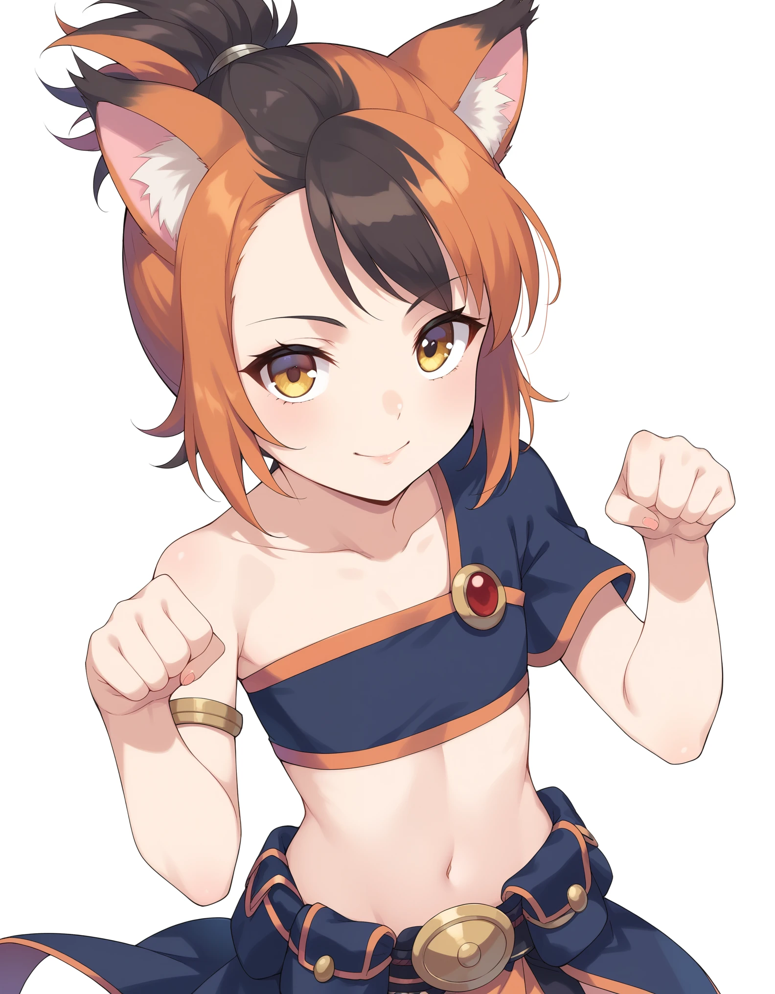 core_9, score_8_up, solo, BREAK, female ,  wilykit, girl, solo, brown hair, two-tone hair, multicolored hair, armlet, yellow eyes,  paw pose,  black hair, orange hair, animal ears, flat chest, white background, 