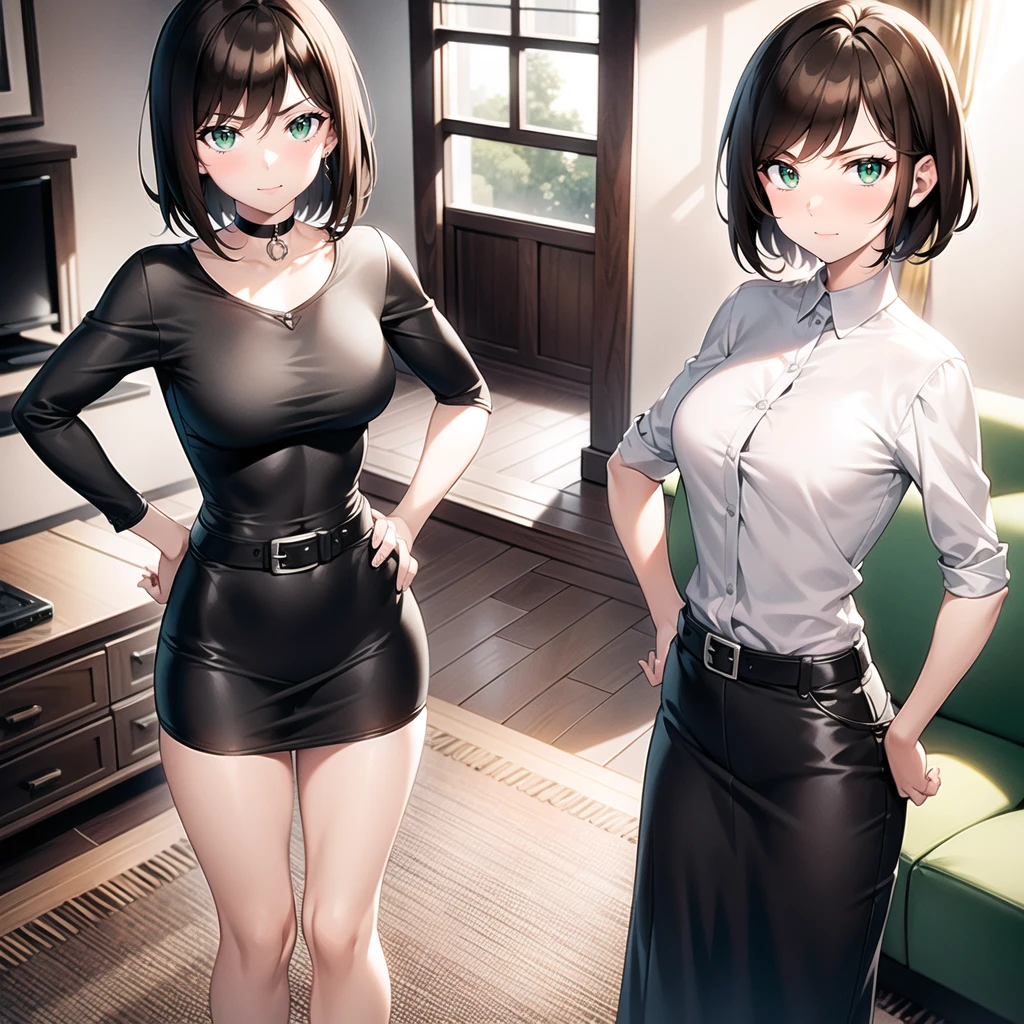  {{Artist: %ratatatat74%}} mature female, brown hair, short hair, green eyes, black dress, white belt, indoors, living room, standing, hands on hips, 