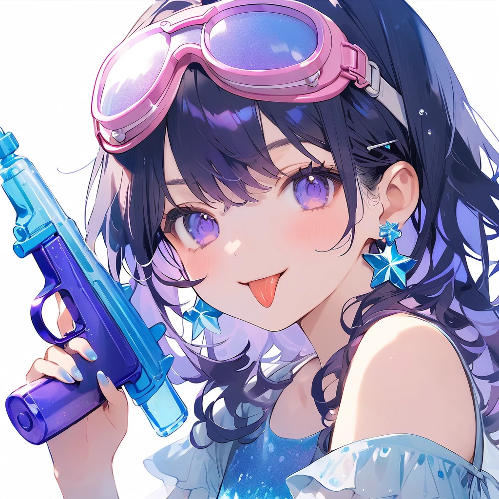Girl、cute、Yandere、Menhera、Clear、Bangs、Lori、コン、cute、Heterogeneous purple and blue eyes、Pink Hair、Long Hairstyles、Twin tails、Cat ear、Big ribbon、cute、Spoiled、Watery eyes、heart，smile、be happy、Eyes glow blue、Red cheeks、Hawaii、Swimwear、Water gun、White cardigan，playing、Water Play