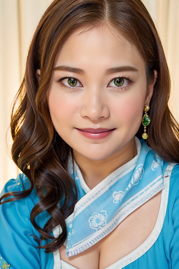 Ultra-high resolution, Superior Quality, highest quality, Very detailed, Realistic, 8k, RAW Photos, highest quality, masterpiece, Attractive girl, Awesome girl, Brown Hair,Wavy Hair、 Shoulder-length layers, Mesh Hair, Japanese Idols, ear piercing、stylish, blouse,smile、Beautiful teeth alignment. green eyes. Contact lens. Chubby cheek.