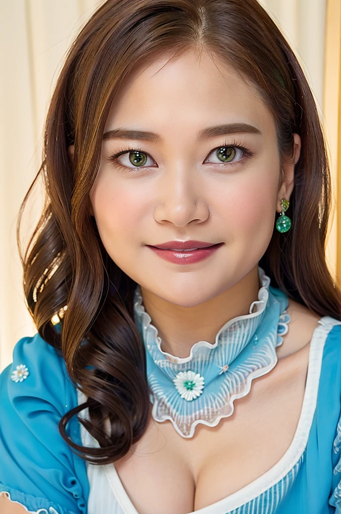 Ultra-high resolution, Superior Quality, highest quality, Very detailed, Realistic, 8k, RAW Photos, highest quality, masterpiece, Attractive girl, Awesome girl, Brown Hair,Wavy Hair、 Shoulder-length layers, Mesh Hair, Japanese Idols, ear piercing、stylish, blouse,smile、Beautiful teeth alignment. green eyes. Contact lens. Chubby cheek.