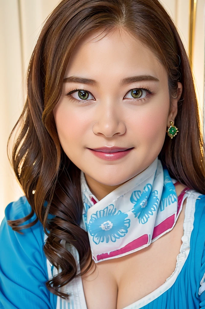 
Ultra-high resolution, Superior Quality, highest quality, Very detailed, Realistic, 8k, RAW Photos, highest quality, masterpiece, Attractive girl, Awesome girl, Brown Hair,Wavy Hair、 Shoulder-length layers, Mesh Hair, Japanese Idols, ear piercing、stylish, blouse,smile、Beautiful teeth alignment. green eyes. Contact lens. Chubby cheek.