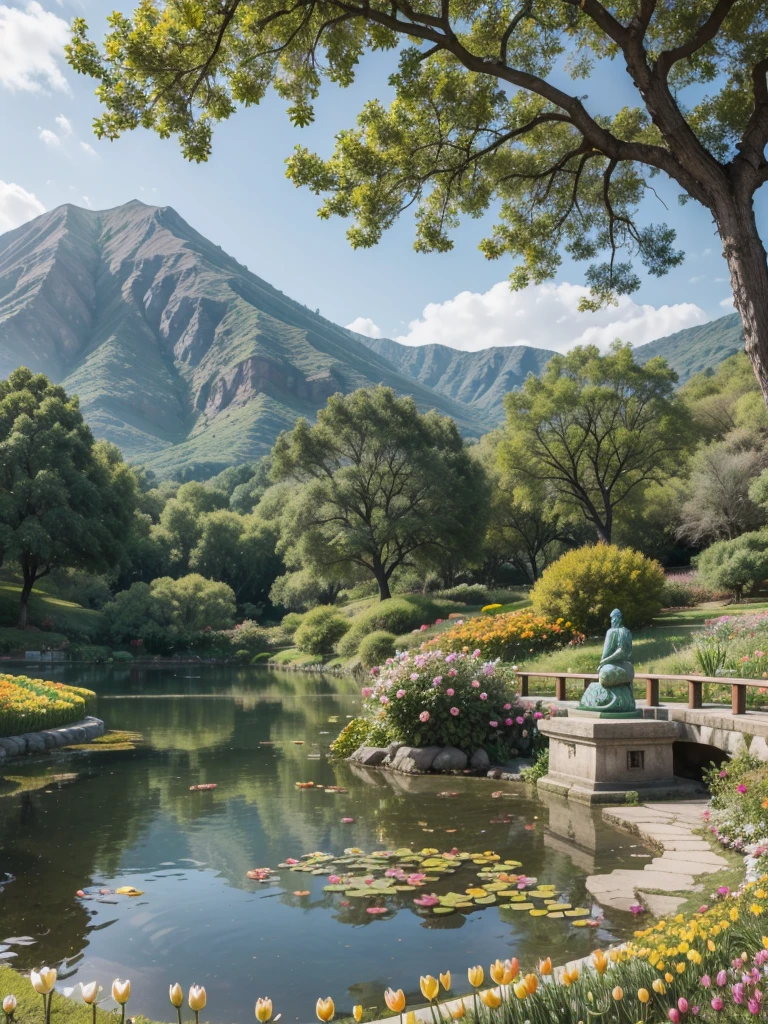 a wide land with large mountains in the middle, a giant statue of a peacock, a small lake below with lotus, and around it yellow lily and orange tulips, and on the sides peach trees, and Japanese walnut trees
