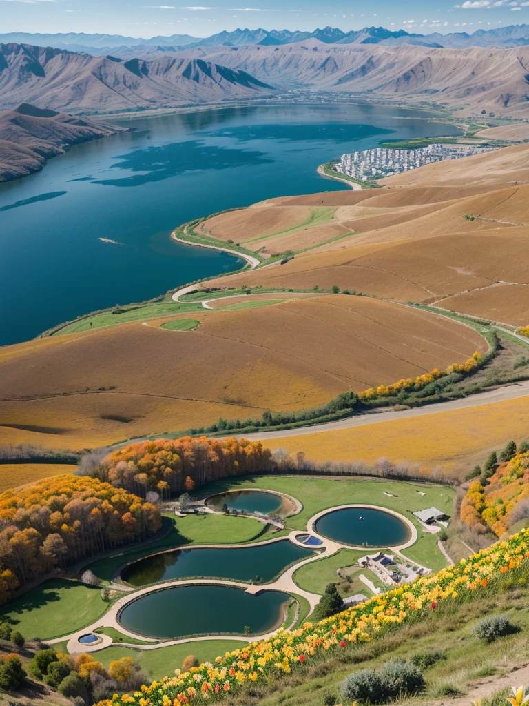 a wide land with large mountains in the middle, a giant statue of a peacock, a small lake below with lotus, and around it yellow lily and orange tulips, and on the sides peach trees, and Japanese walnut trees