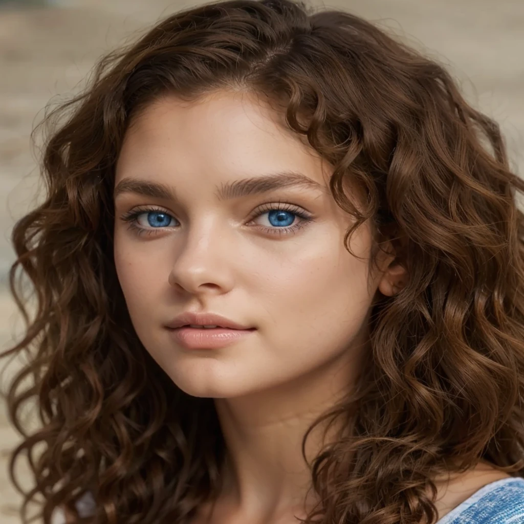 A beautiful curly brown-haired woman with blue eyes model,She is on a beach in a semi-transparent bikini Realistic,8k