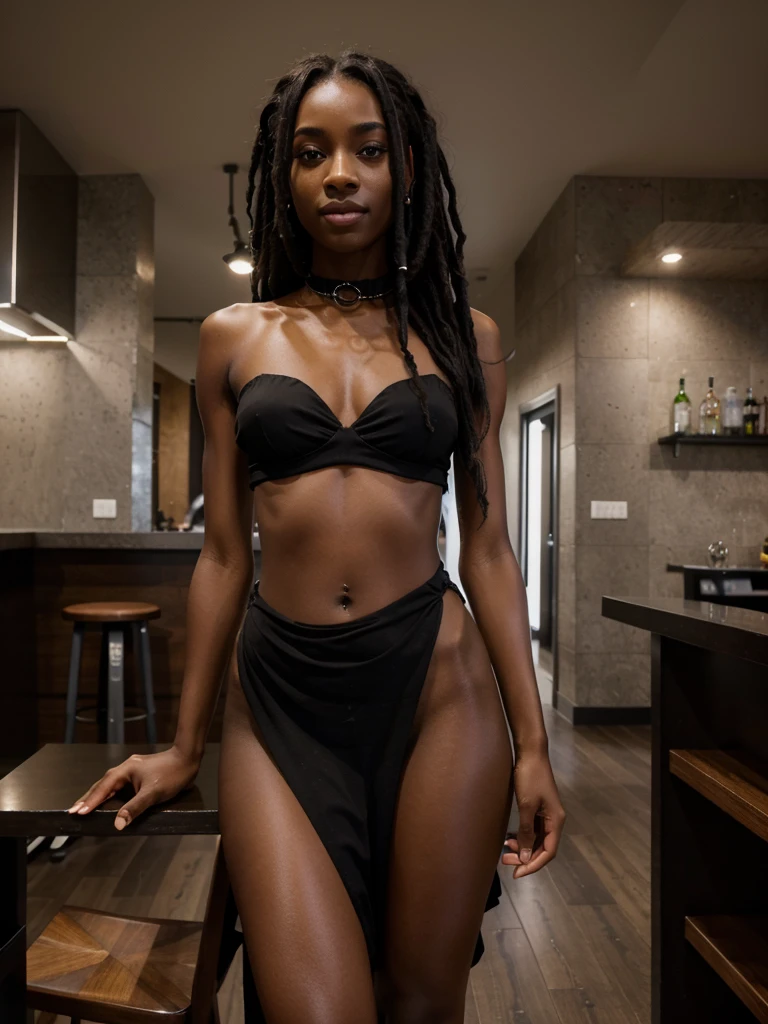 8k, RAW photo, best quality, ultra high resolution, photorealistic, realistic photo of skinny ebony girl model, (skinny ebony girl, 20 years old, most beautiful ebony girl in the world, dark skin, black hair, dreadlocks hair, dreadlocks), in the bar, modern interior, bright light, (full body picture), standing leaning on the bar table, posing for picture, sexy pose, wearing black night dress, (black night dress), (looking at viewer), shy smile, seductive, High Detail, Sharp focus, bright light