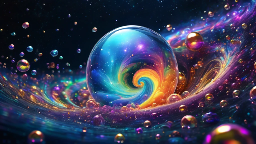 The infinite expanse of the cosmic ocean, Filled with glowing bubbles. Each bubble acts as a delicate glass case, Draw your own universe, Filled with vibrant galaxies swirling like rainbow opals. A vivid contrast of kaleidoscope colors and somber atmospheres, The infinite black void is a testament to the greatness of existence, (detailed, High resolution, high quality, 8K, High chroma)