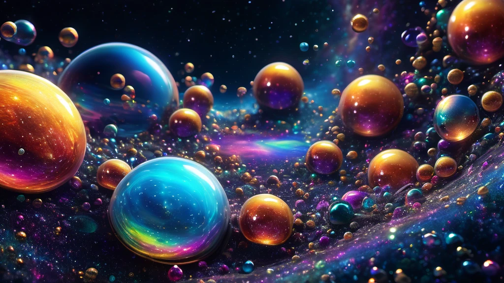 The infinite expanse of the cosmic ocean, Filled with glowing bubbles. Each bubble acts as a delicate glass case, Draw your own universe, Filled with vibrant galaxies swirling like rainbow opals. A vivid contrast of kaleidoscope colors and somber atmospheres, The infinite black void is a testament to the greatness of existence, (detailed, High resolution, high quality, 8K, High chroma)
