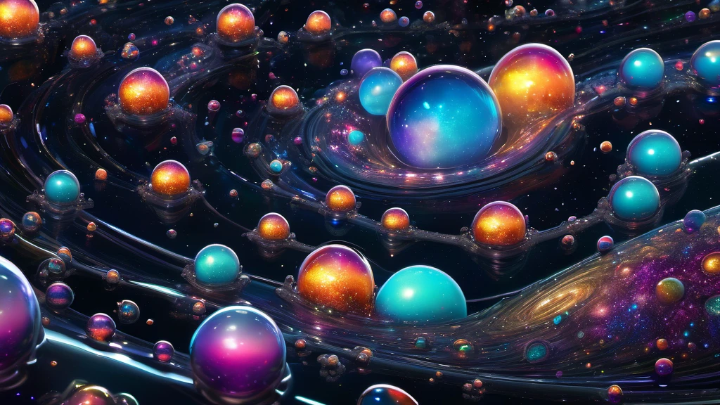 The infinite expanse of the cosmic ocean, Filled with glowing bubbles. Each bubble acts as a delicate glass case, Draw your own universe, Filled with vibrant galaxies swirling like rainbow opals. A vivid contrast of kaleidoscope colors and somber atmospheres, The infinite black void is a testament to the greatness of existence, (detailed, High resolution, high quality, 8K, High chroma)