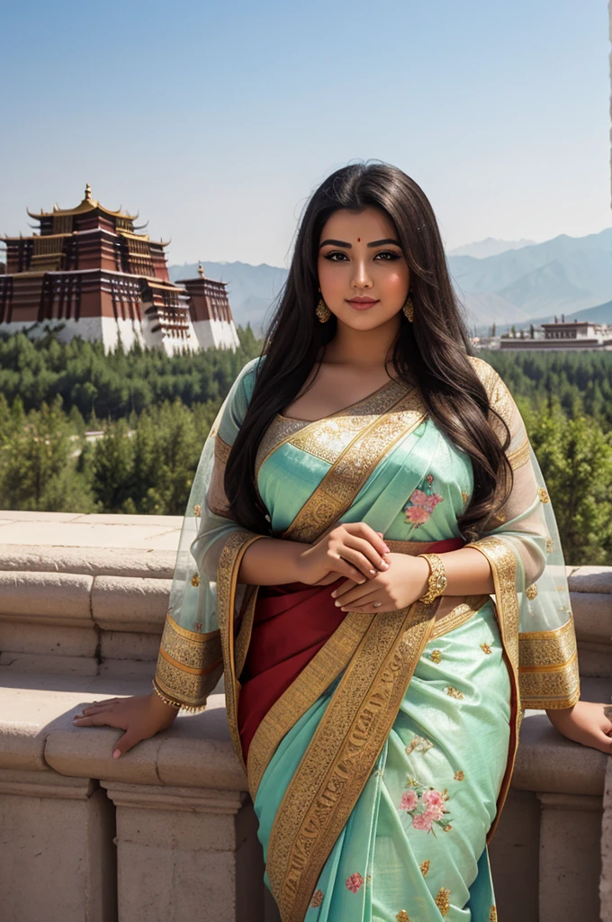 1 Heavenly beautiful and goddess beauty cute and sweet looking face Arabian female in front of Potala Palace, China, Heavenly beautiful Overweight, Heavenly beautiful Extremely fat, Heavenly beautiful and attractive Chubby figure , Heavenly beautiful looking and eye catching luxury style floral saree , reaching out, Heavenly beautiful Arabian woman, 16k, High resolution, masterpiece, highest quality, fine skin, outside view, Realistic Photograph