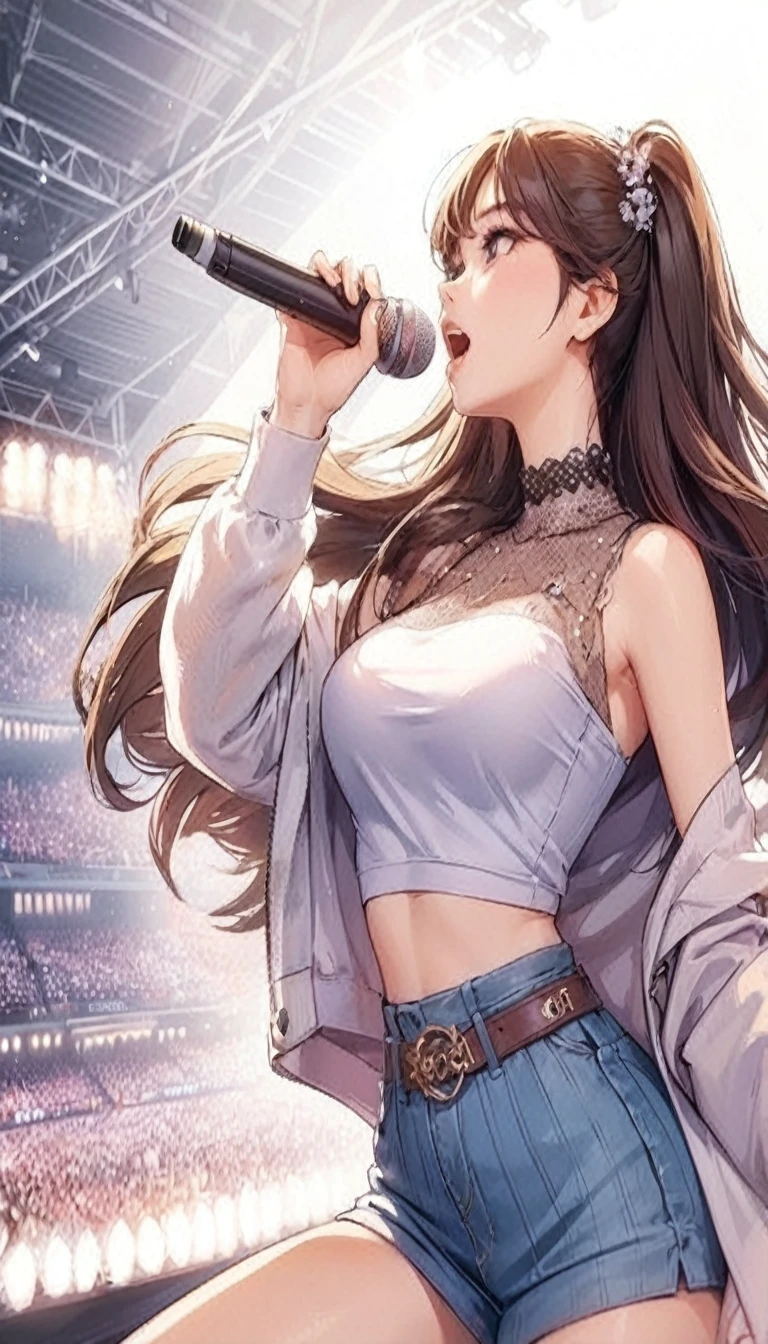 (((White background:1.2)))、(masterpiece、Ultra HD、Masterpiece、４K)、Perfect Style、Scandinavian Gothic Metal Girl, Intricate details, Highly detailed eyes,Gothic Dress, Flash photography, Intricate details、Wear long black boots、Shorts、Uplifting、Only one female, K-POPアーティスト, (sing:1.2) (Dynamic pose:1.2), (Stylish clothing), Mature Woman,  bangs,  (masterpiece 最高品質:1.2) Delicate illustrations, super detailed, (Grab the microphone) 、