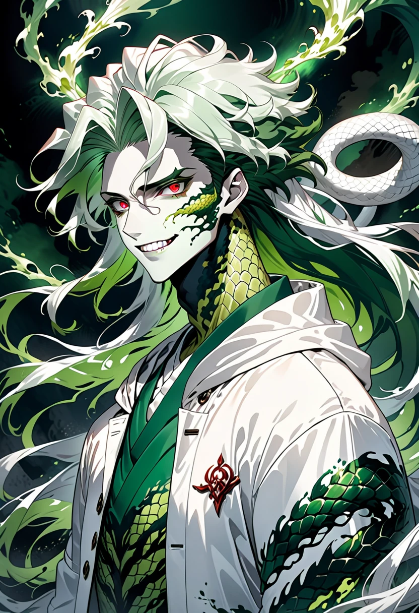 Generate an anime-style illustration of a teenage male character with the appearance of a Gorgon. He should have pale skin, sharp facial features, and a monstrous look, with green scales covering parts of his face and body. His hair should be made entirely of slender, elegant white snakes with subtle green highlights, all oozing a green liquid aura. The snakes should have piercing red eyes. The character should be wearing a white trench coat hoodie with accents of green, creating a harmonious green and white color theme. He should have a sinister grin on his face. Please ensure that the overall aesthetic remains true to traditional anime art style