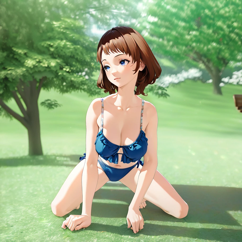 Anime girl in a blue bikini sitting on a park bench, Smooth anime CG art, Anime girl crouching, Beautiful anime girl crouching, Realistic Anime 3D Style, Created by Anime Painter Studio, Beautiful and attractive anime teen, Characters are in natural poses, Photorealistic anime girl rendering, Beautiful and attractive anime woman, Enchanting anime girl, Cel-shaded anime
