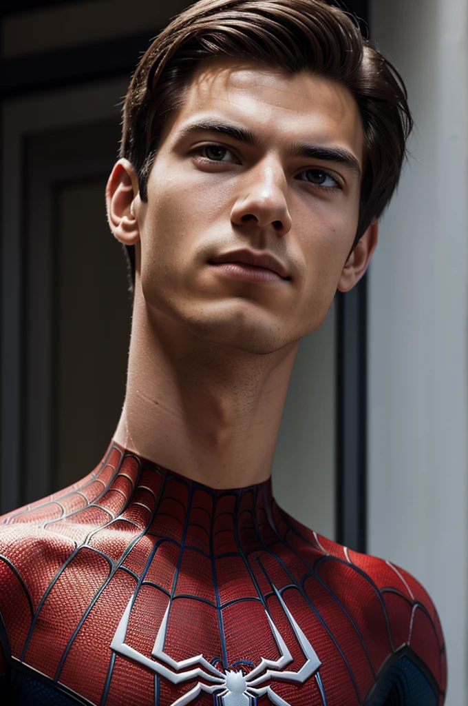 A photograph of spider man, no mask, 20 yo, handsome, detailed face, looking at camera, portrait, 8k uhd, high quality