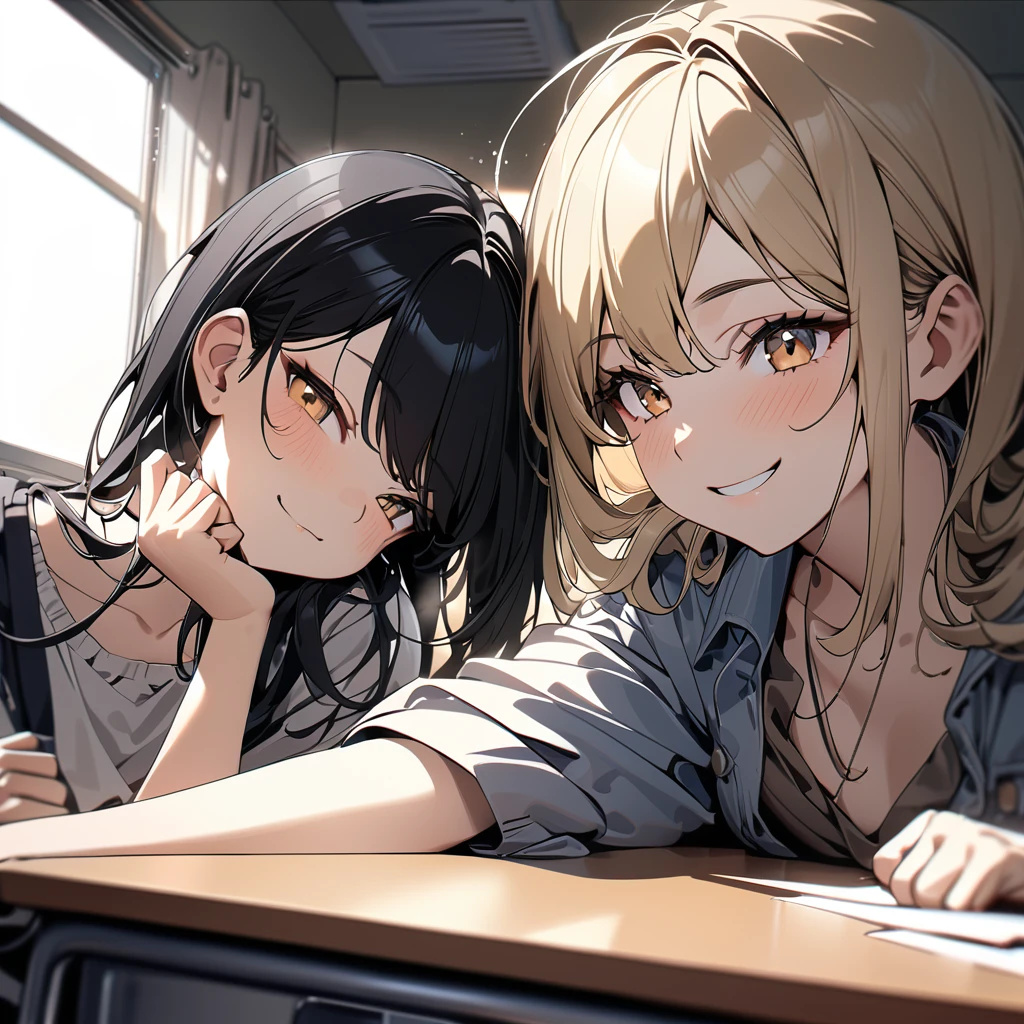 (award winning, 8k, super detailed, high resolution, best quality) , photography, (two girls), girl on the left with blonde hair and smirk expression, girl on the right with black hair and (timid expression), (sitting side by side at desk), ((beautiful girls)), classroom, light from the window.