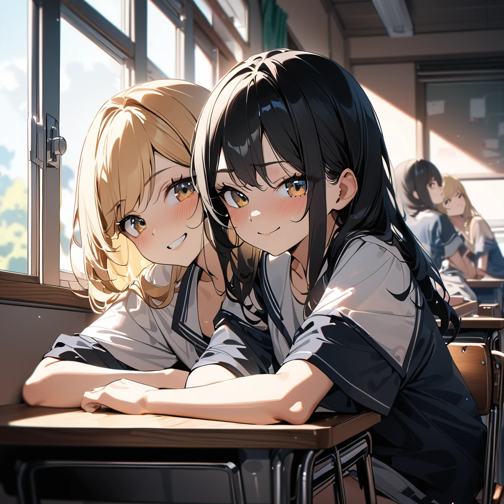(award winning, 8k, super detailed, high resolution, best quality) , photography, (two girls), the left with blonde hair and smirk expression, girl onght with black hair and (timid expression), (sitting side by side at desk), ((beautiful girls)), classroom, light from the window.