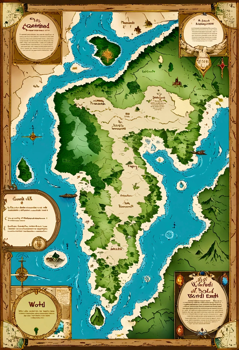 Tokkien world style map of Middle Earth, with continents, countries and islands. Combine different types of terrain such as mountains, slopes, rivers, swamps and deserts
