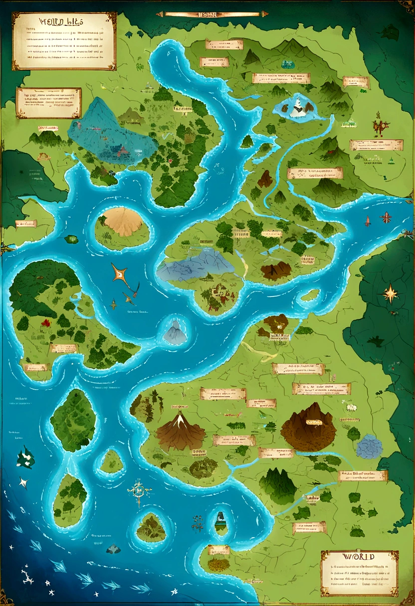 Tokkien world style map of Middle Earth, with continents, countries and islands. Combine different types of terrain such as mountains, slopes, rivers, swamps and deserts
