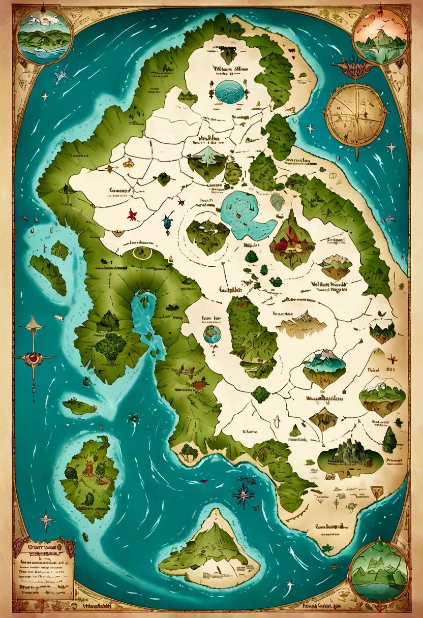Tokkien world style map of Middle Earth, with continents, countries and islands. Combine different types of terrain such as mountains, slopes, rivers, swamps and deserts
