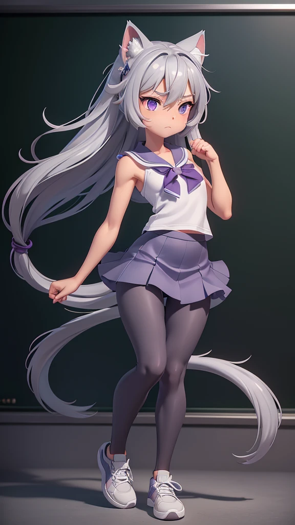 Naked girl, pumped body, a slim body, deep skin, silver hair, cat ears, two bell clips, purple eyes, downcast face, fluffy silver tail, open school shirt, nude , blue wide skirt, black leggings, white sneakers, school class, near the blackboard, woman, solo