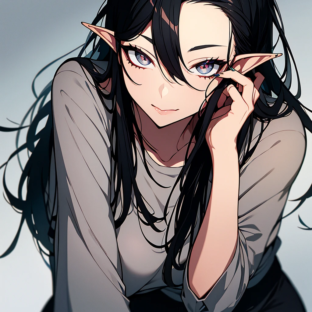 An elf with black hair and gray eyes with a piercing on her lip and a gray shirt