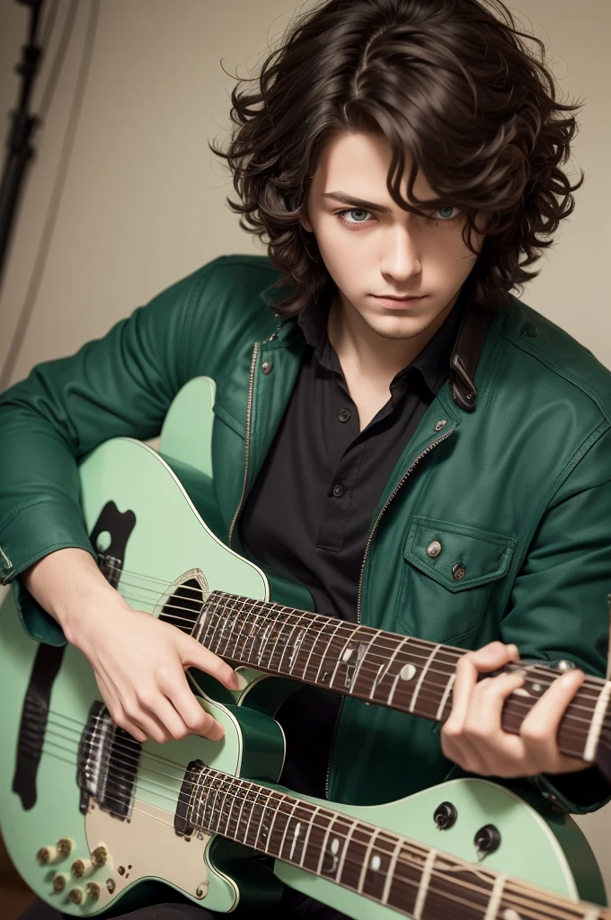 ((best quality)), ((masterpiece)), (detailed), perfect face Guitarist man, with green eyes. Holding a syn model shecter guitar, short and curly hair