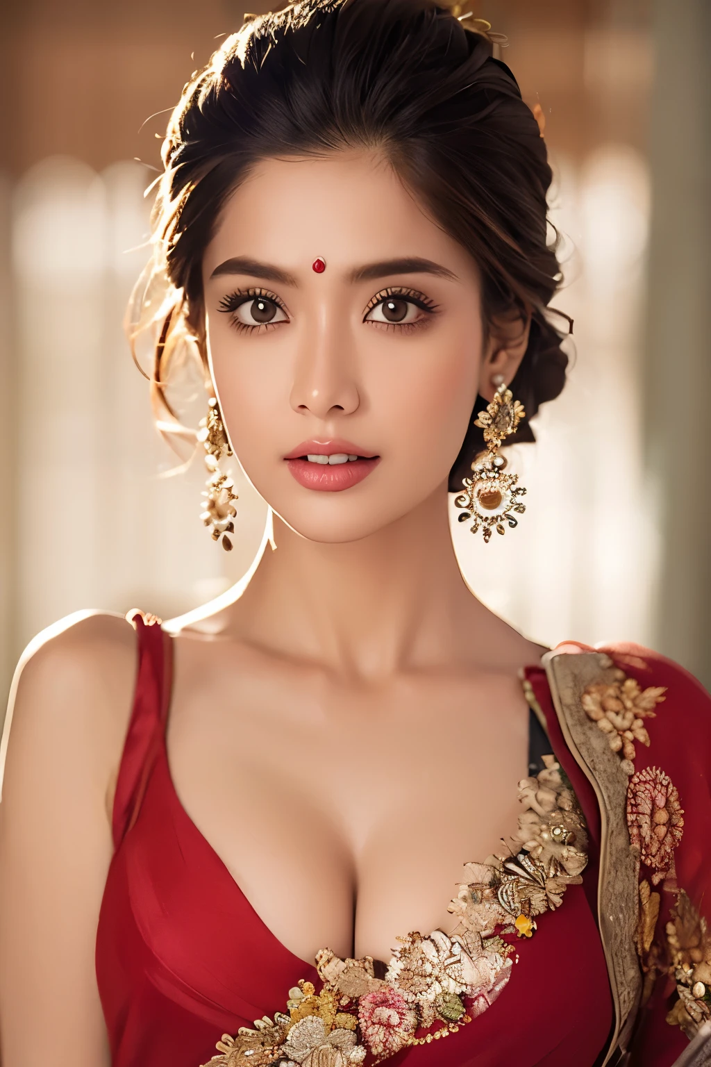 ((best quality)), ((masterpiece)), (detailed), Beautiful indian woman, very detailed and sharp facial features and expressions, very detailed and shinning glossy hairs, very detailed and shinning glossy eyes, very detailed and perfect natural round medium breasts, detailed full glossy lips, detailed nose, detailed teeth, perfect symmetrical face, very detailed and natural cleavage,thin saree, 16k, 32k, perfect fabric rendering, intricately detailed, hyper realistic, Extremely beautiful, extremely detailed, 