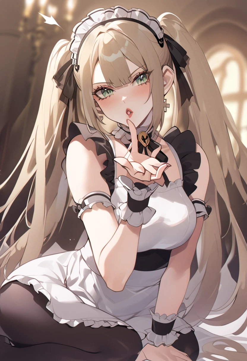 Marie rose, maid uniform, headdress, black stockings, mansion, ThiccWithaQ art style, Marie rose, cute, lewd, sexy, blowing kiss, fetallio gesture, horny, lustful, big ass, big hips