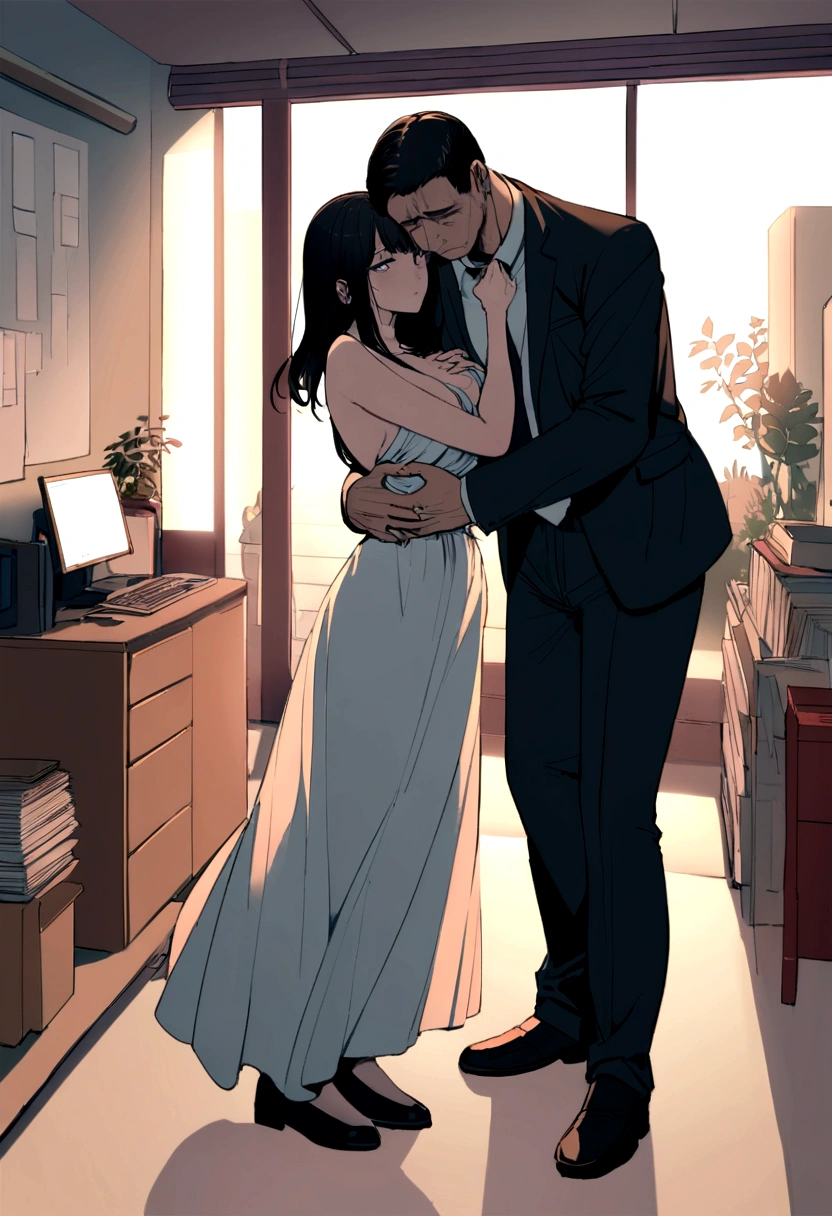 (One korean woman in a topless woman in office:1.1)、(Middle athletic man in suit:1.1)、(sexual harassment:1.2)、(Full body shot)、(Super beautiful)、(ultra beautiful faces)、(A detailed face:1.5)、(troubled look:1.3)、(Offices of large companies in Japan:1.1)、(Man hugs her chest:1.5)、(Man hugs her waist:1.5)