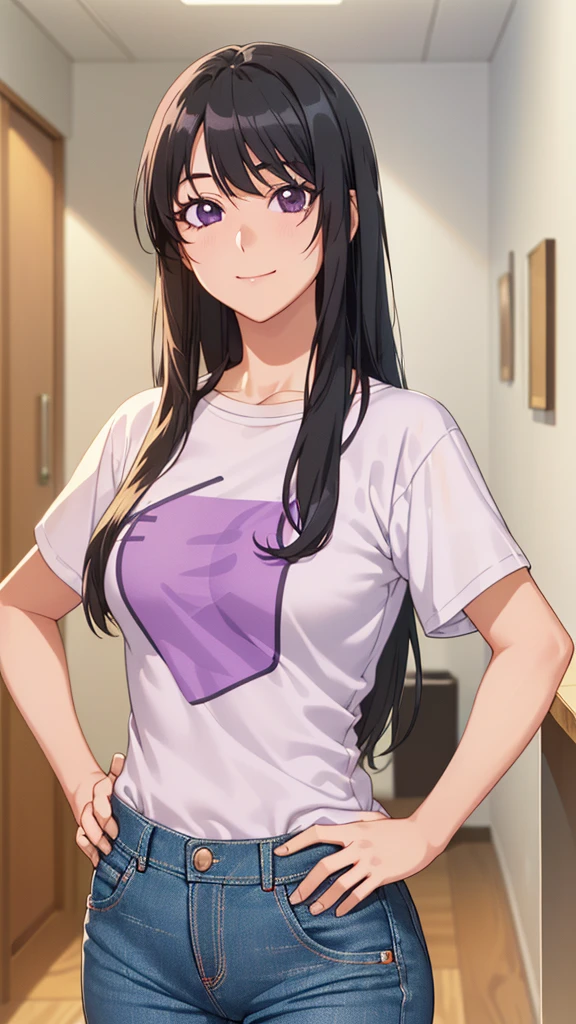 ((masterpiece, highest quality, High resolution, UHD, perfect pixel, Depth of bounds written, 4K, rtx, HDR))), 1 girl, single, alone, beautiful anime girl, beautiful art style, anime character, ((long hair, blunt bangs, black hair)), ((purple eyes:1.4, round eyes, realistic eyes)), ((eyelash, ultra-detailed eyelash, smooth eyelash)), ((smooth texture:0.75, realistic texture:0.65, realistic:1.1, Anime CG style)), medium breasts, dynamic angle, perfect body, ((stand, Hands on hips  )), ((T shirt, Long Levis pants)), smile, open your mouth, Room, (()), Natural light, bright sky, sunlight