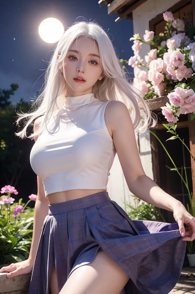 realistic, 1girl, white hair, purple eyes, glowing eyes, crop top, skirt, parted lips, blush, night, flowers, sun, sunlight, big breasts